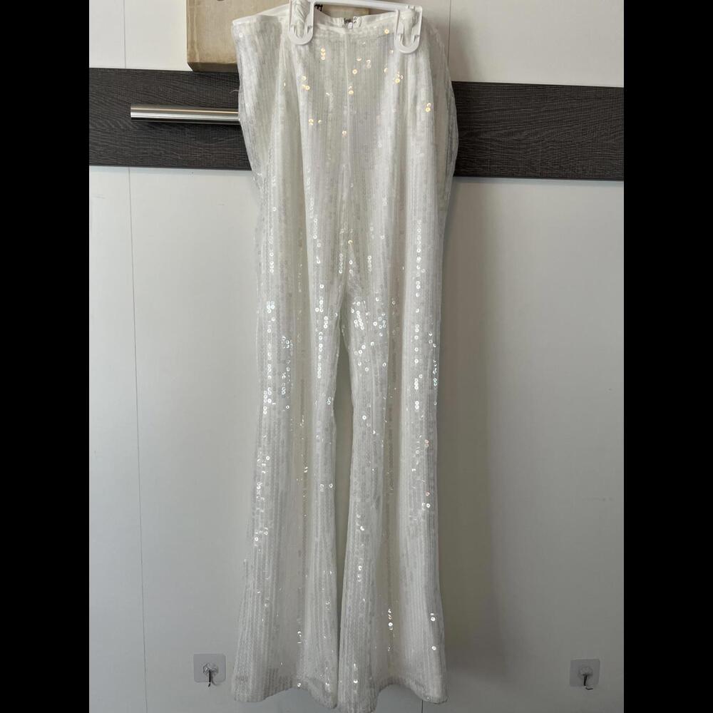 Stunning Sequin-Embellished White Dress Pants